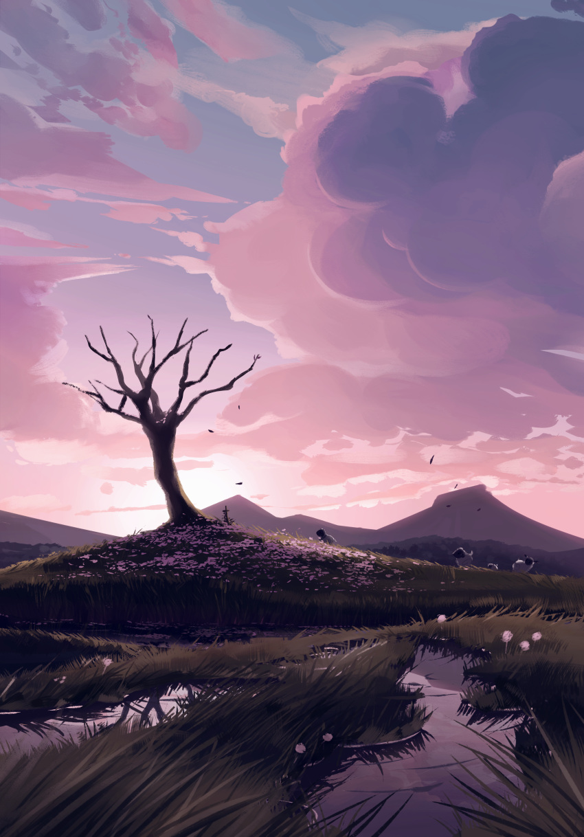 absurdres, clouds, cloudy_sky, danfango, highres, lamb, landscape, mountainous_horizon, no_humans, original, outdoors, scenery, sheep, sky, sunrise, tree