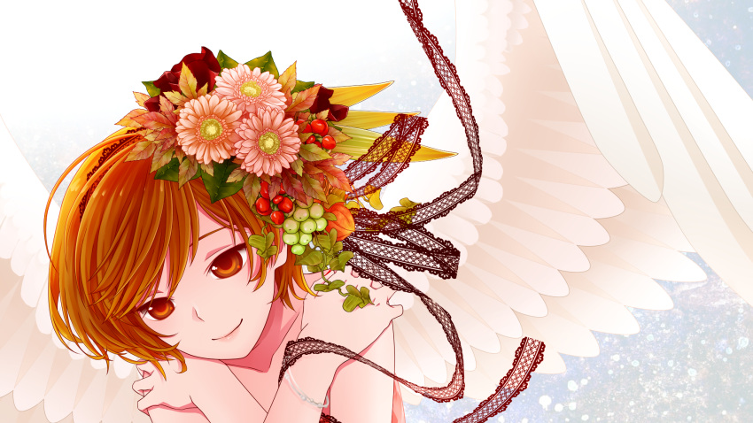 1girl, angel_wings, bare_shoulders, bracelet, brown_eyes, brown_hair, close-up, face