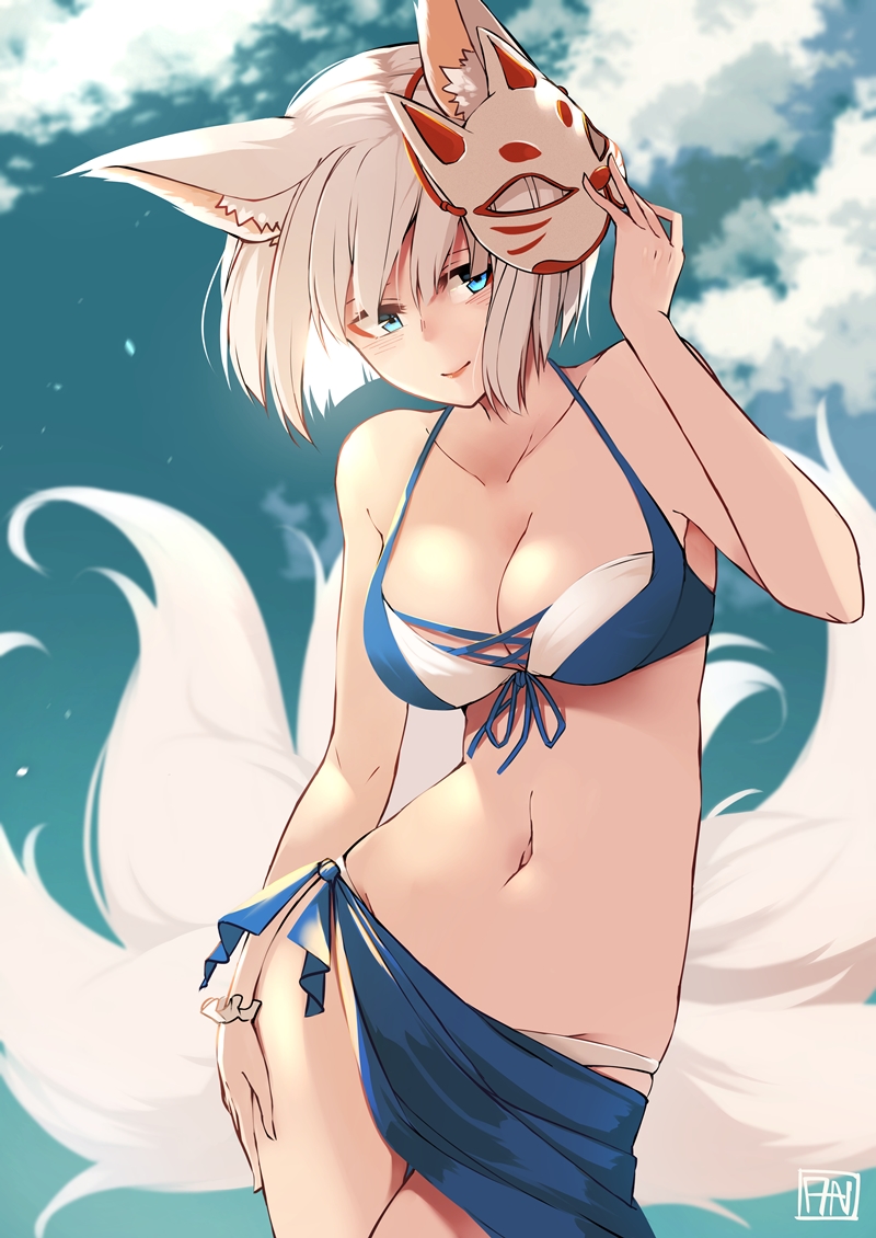 1girl, angry_num, animal_ears, azur_lane, bangs, bare_shoulders, bikini, blue_eyes