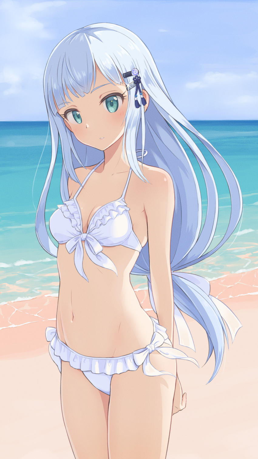 1girl, arms_behind_back, bangs, bare_arms, bare_shoulders, beach, bikini, blue_eyes