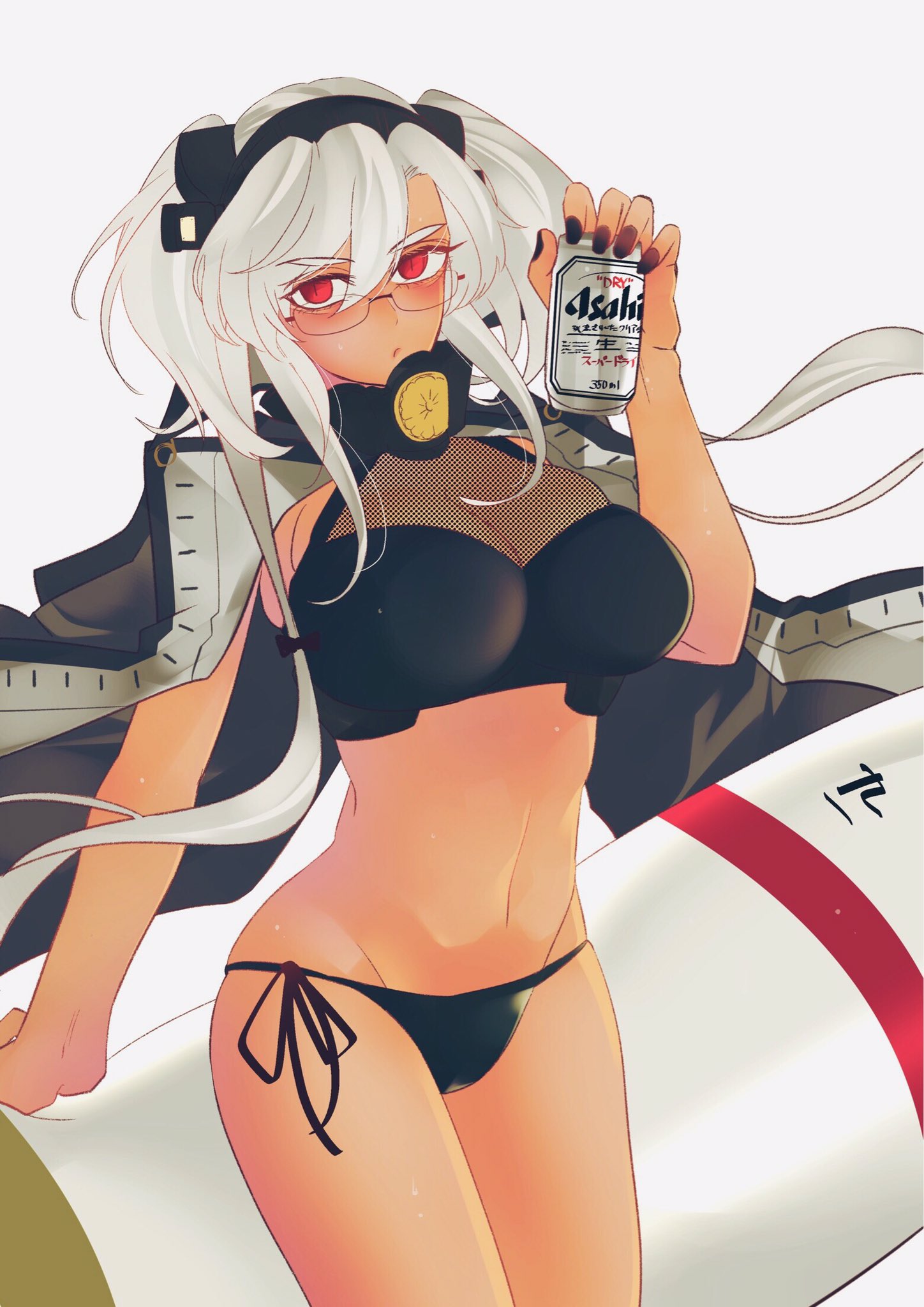 1girl, anno88888, beer_can, bikini, breasts, can, capelet, cartridge