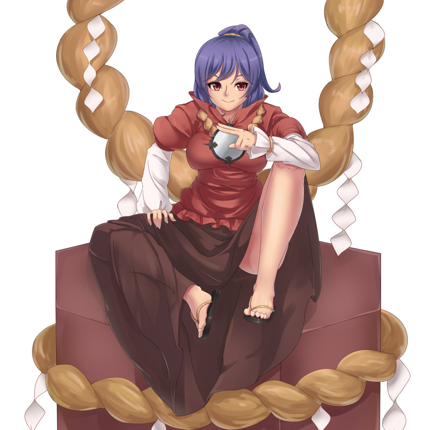 1girl, black_brown_skirt, box, breasts, commentary_request, highres, hinaie_takuya, large_breasts, long_skirt, mirror, purple_hair, red_eyes, rope, sandals, shide, shimenawa, short_hair, short_ponytail, sitting, sitting_on_box, skirt, solo, touhou, white_background, yasaka_kanako