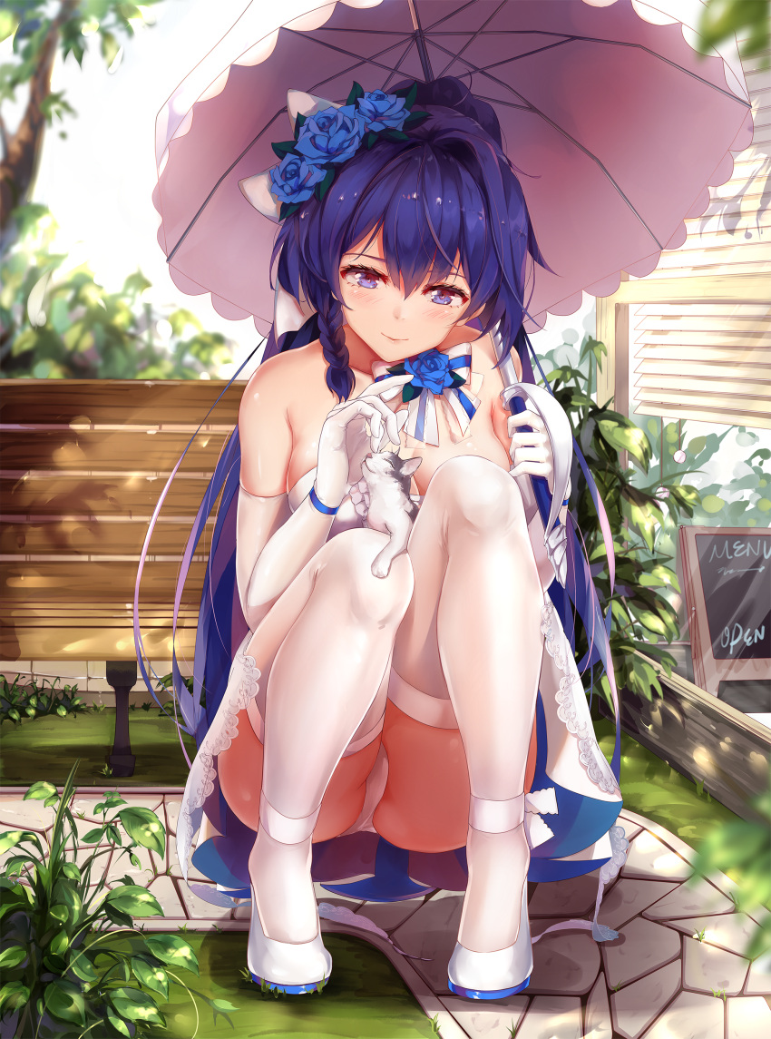 1girl, absurdres, bangs, bare_shoulders, benghuai_xueyuan, blue_flower, breasts, cat, day, dress, flower, gloves, hair_flower, hair_ornament, highres, holding, holding_umbrella, honkai_impact, large_breasts, long_hair, panties, pantyshot, parasol, purple_hair, raiden_mei, sky, sleeveless, sleeveless_dress, solo, squatting, thigh-highs, umbrella, underwear, violet_eyes, white_dress, white_footwear, white_gloves, white_legwear, white_panties, white_umbrella, white_underwear, zombie-andy