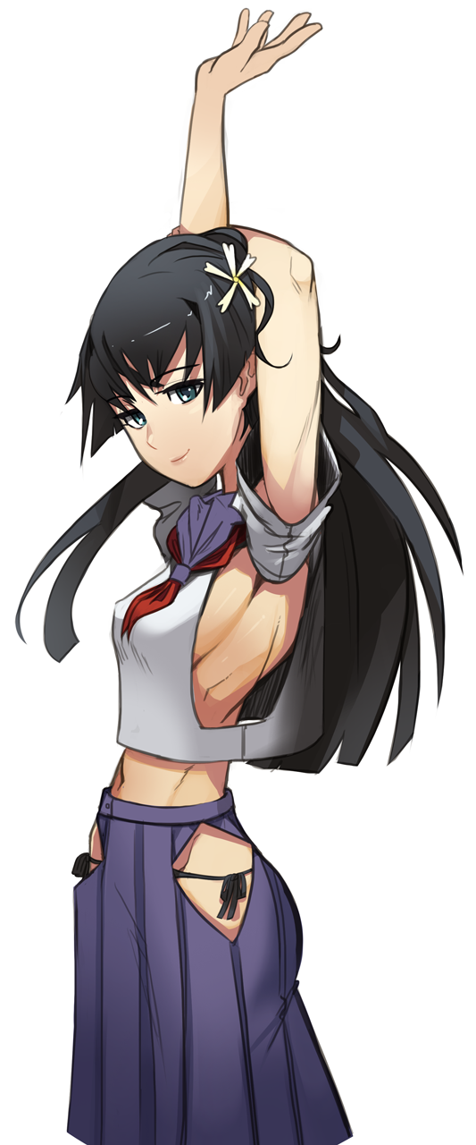 1girl, armpit_cutout, arms_up, black_hair, black_panties, blue_eyes, blue_skirt, breasts, commission, cutout, flower, hair_flower, hair_ornament, highres, hip_vent, long_hair, lowleg, lowleg_panties, medium_breasts, no_bra, panties, perky_breasts, pleated_skirt, polyle, saten_ruiko, school_uniform, serafuku, side-tie_panties, sideboob, skirt, solo, standing, stretch, to_aru_kagaku_no_railgun, to_aru_majutsu_no_index, underwear, white_background