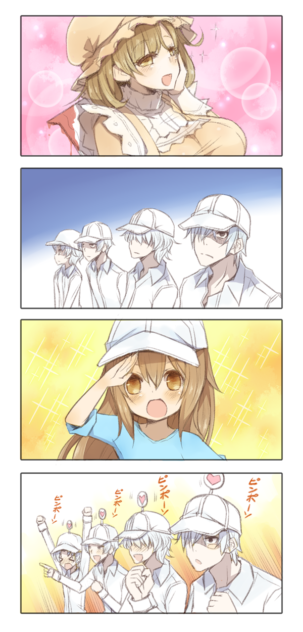 >o<, 2girls, 4boys, 4koma, apron, arashiya, arms_up, baseball_cap, black_eyes, blood, bloody_weapon, blue_shirt, blush, blush_stickers, breasts, brown_eyes, brown_hair, bubble_background, cheering, cleaver, clenched_hands, collared_shirt, comic, gaijin_4koma, hair_between_eyes, hair_over_eyes, hair_over_one_eye, hand_on_own_cheek, hat, hataraku_saibou, heart, highres, large_breasts, light_brown_eyes, light_brown_hair, long_hair, macrophage_(hataraku_saibou), mob_cap, multiple_boys, multiple_girls, open_mouth, pointing, salute, shirt, short_hair, short_sleeves, sparkle_background, t-shirt, u-1146, u-2048, u-2626, u-4989, upper_body, weapon, white_blood_cell_(hataraku_saibou), white_hair