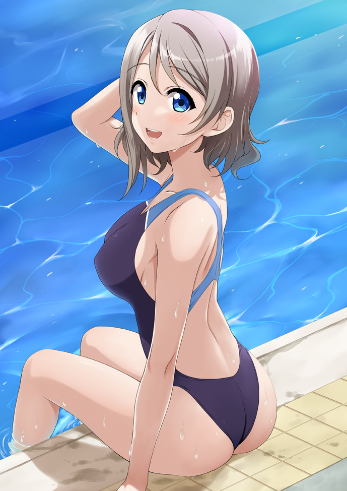 1girl, ass, back, blue_eyes, blue_swimsuit, blush, breasts, brown_hair, collarbone, competition_swimsuit, hand_to_own_head, looking_at_viewer, love_live!, love_live!_sunshine!!, medium_breasts, miel_(lessontome), one-piece_swimsuit, open_mouth, pool, poolside, ripples, short_hair, sitting, smile, solo, swimsuit, wading, watanabe_you, water, wet, wet_clothes, wet_swimsuit