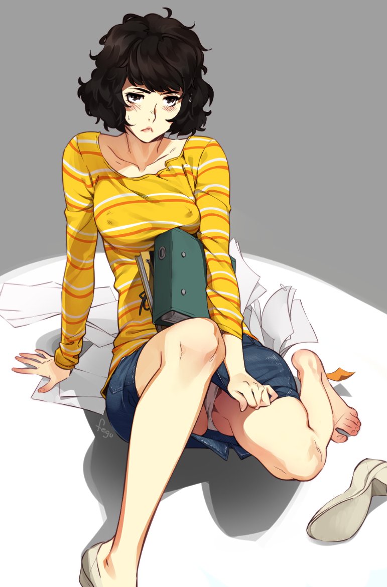 1girl, :<, arm_support, binder, black_hair, blush, collarbone, covered_nipples