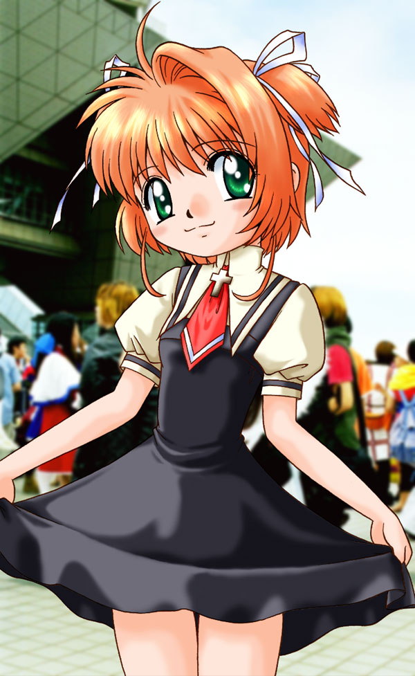 card_captor_sakura, cardcaptor_sakura, cosplay, curtsey, dress, green_eyes, kamio_misuzu, kamio_misuzu_(cosplay)