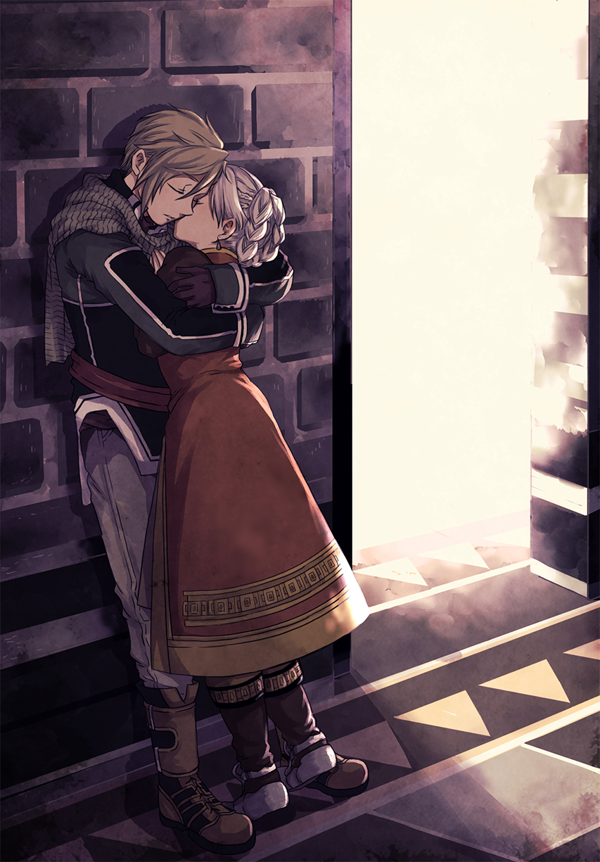1boy, 1girl, against_wall, black_gloves, boots, braid, brown_dress, brown_footwear