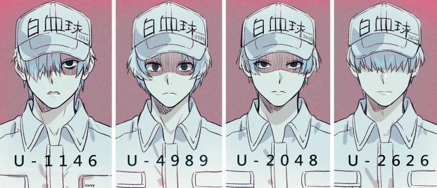 4boys, artist_name, baseball_cap, black_eyes, character_name, close-up, closed_mouth, collared_shirt