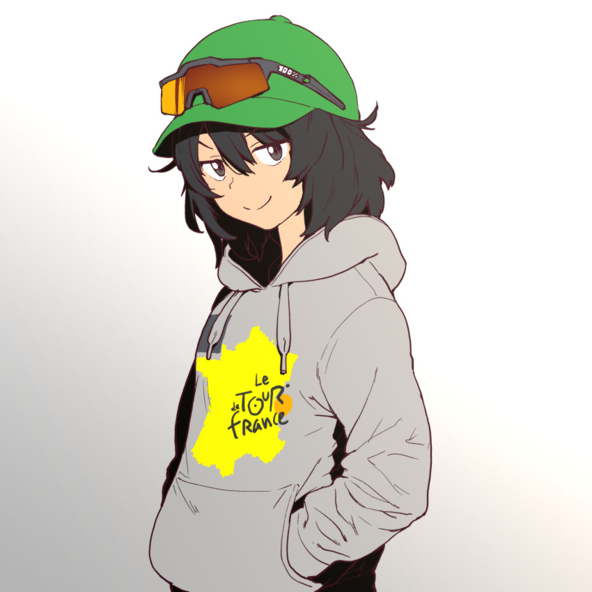 1girl, andou_(girls_und_panzer), bangs, black_hair, brown_eyes, casual, closed_mouth, commentary_request