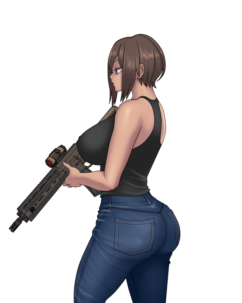 ass, assault_rifle, blue_eyes, breasts, brown_hair, dark_skin, denim, denim_shorts