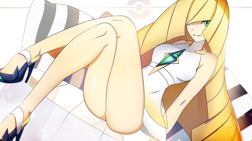 1girl, arm_at_side, bare_legs, bare_shoulders, black_footwear, blonde_hair, breasts, character_name