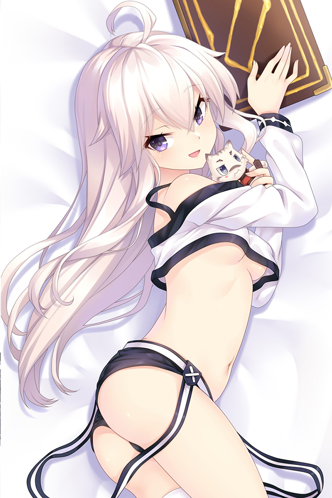 1girl, ahoge, ass, breasts, crop_top, eyebrows_visible_through_hair, hair_between_eyes, long_hair