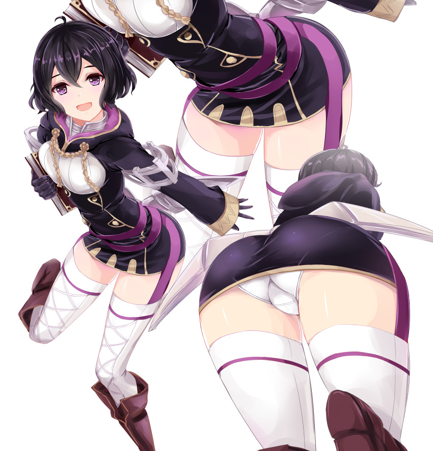 1girl, absurdres, ahoge, ass, black_gloves, black_hair, book, boots