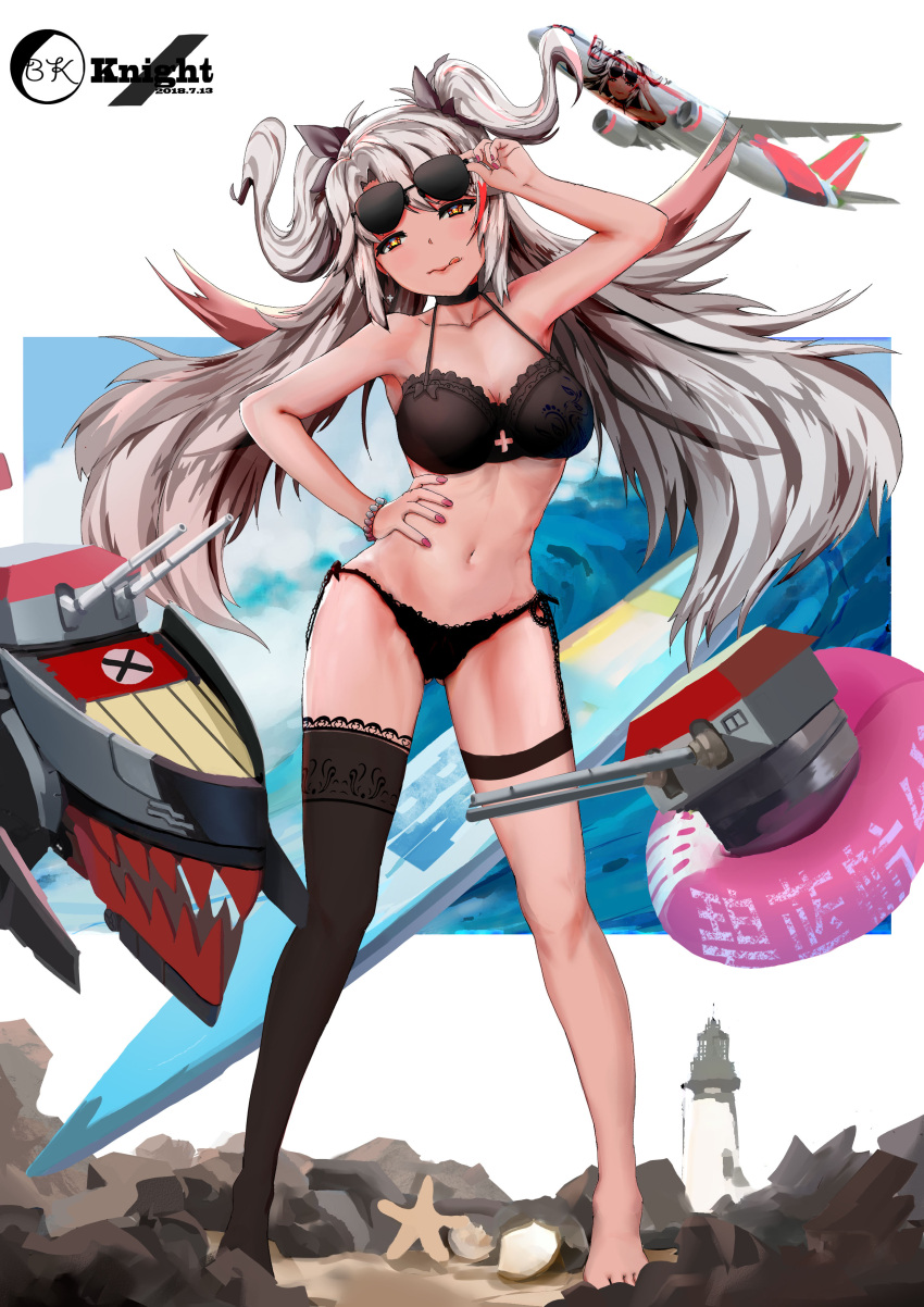 1girl, absurdres, aircraft, airplane, alternate_costume, antenna_hair, artist_name, azur_lane, bangs, beach, bikini, black_bikini, black_knight_(artist), black_legwear, black_ribbon, blue_sky, blush, bracelet, breasts, brown_eyes, cannon, chinese_commentary, clouds, collarbone, commentary_request, cross_cutout, dated, eyebrows_visible_through_hair, floating_hair, full_body, gluteal_fold, hair_between_eyes, hair_ribbon, half-closed_eyes, hand_on_eyewear, hand_on_hip, highres, innertube, iron_cross, jewelry, large_breasts, licking_lips, lighthouse, long_hair, looking_at_viewer, machinery, mole, mole_on_breast, multicolored_hair, nail_polish, navel, ocean, outdoors, pink_nails, prinz_eugen_(azur_lane), redhead, revision, ribbon, rigging, sand, side-tie_bikini, signature, silver_hair, single_thighhigh, sky, smile, solo, standing, starfish, stomach, streaked_hair, sunglasses, surfboard, swimsuit, thigh-highs, thigh_strap, tongue, tongue_out, turret, two_side_up, very_long_hair, waves