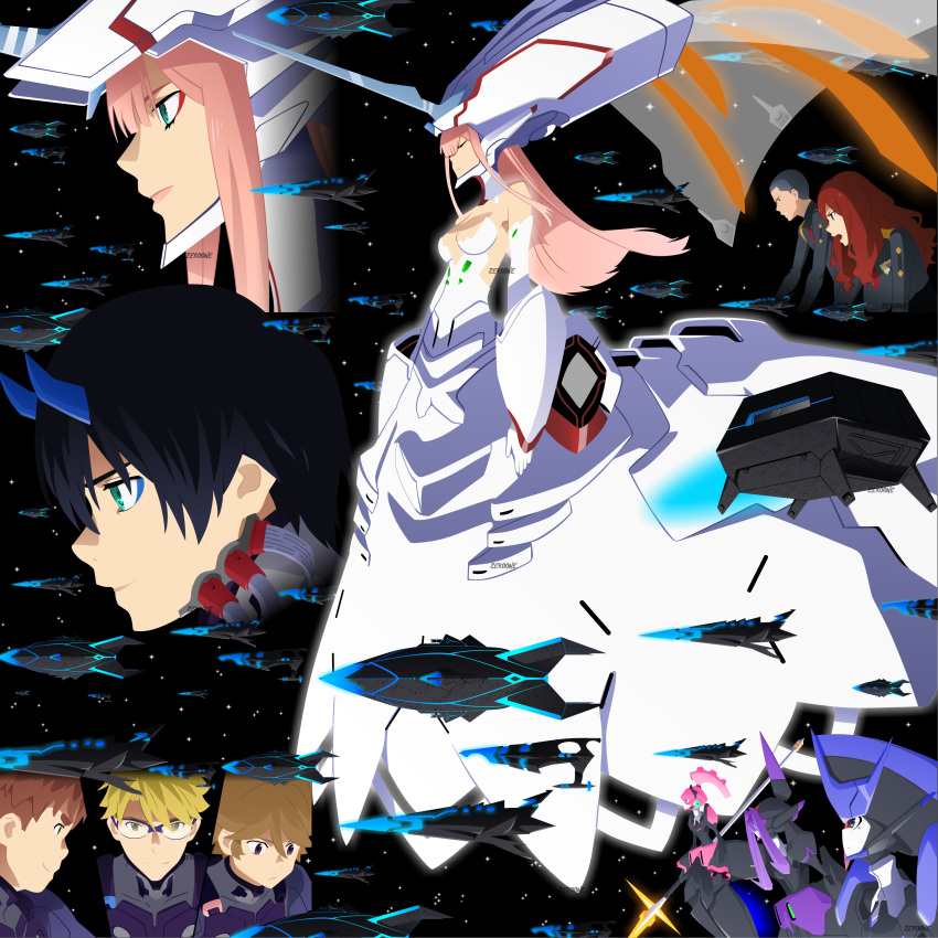 2girls, 5boys, absurdres, alien, argentea_(darling_in_the_franxx), artist_name, bangs, black_bodysuit