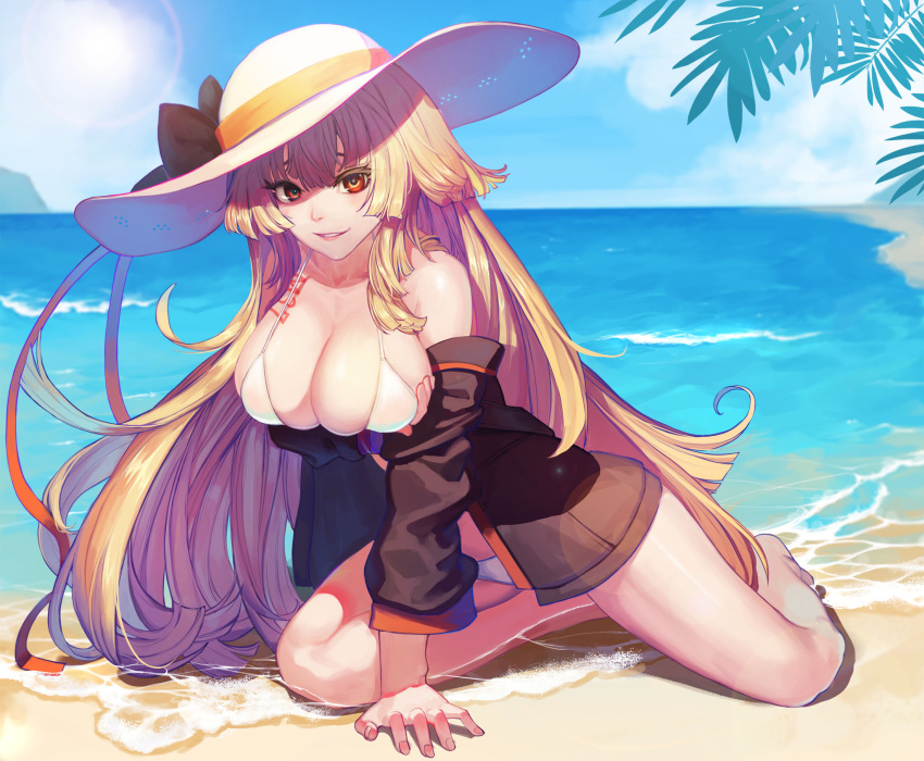 1girl, arm_support, bangs, barefoot, beach, bikini, blue_sky, blush, breast_hold, breasts, brown_hair, character_name, cleavage, clouds, collarbone, da_(dsasd751), eyebrows_visible_through_hair, girls_frontline, hat, highres, ithaca_m37_(girls_frontline), jacket, kneeling, large_breasts, leaning_forward, long_hair, looking_at_viewer, ocean, open_clothes, open_jacket, orange_eyes, parted_lips, sand, sidelocks, skindentation, sky, smile, solo, sun_hat, sunlight, swimsuit, thighs, very_long_hair, white_bikini