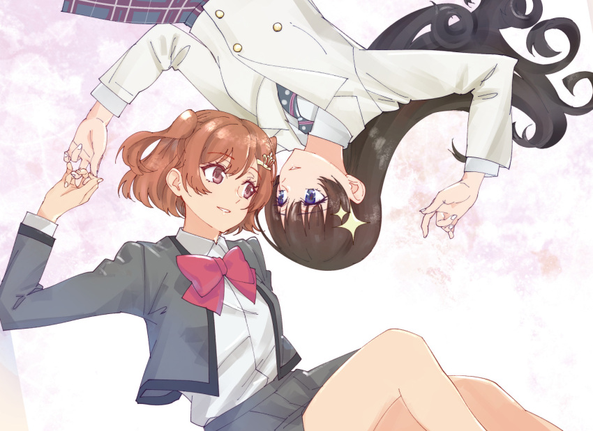 2girls, aijou_karen, black_hair, bow, bowtie, brown_hair, crown_hair_ornament, double-breasted