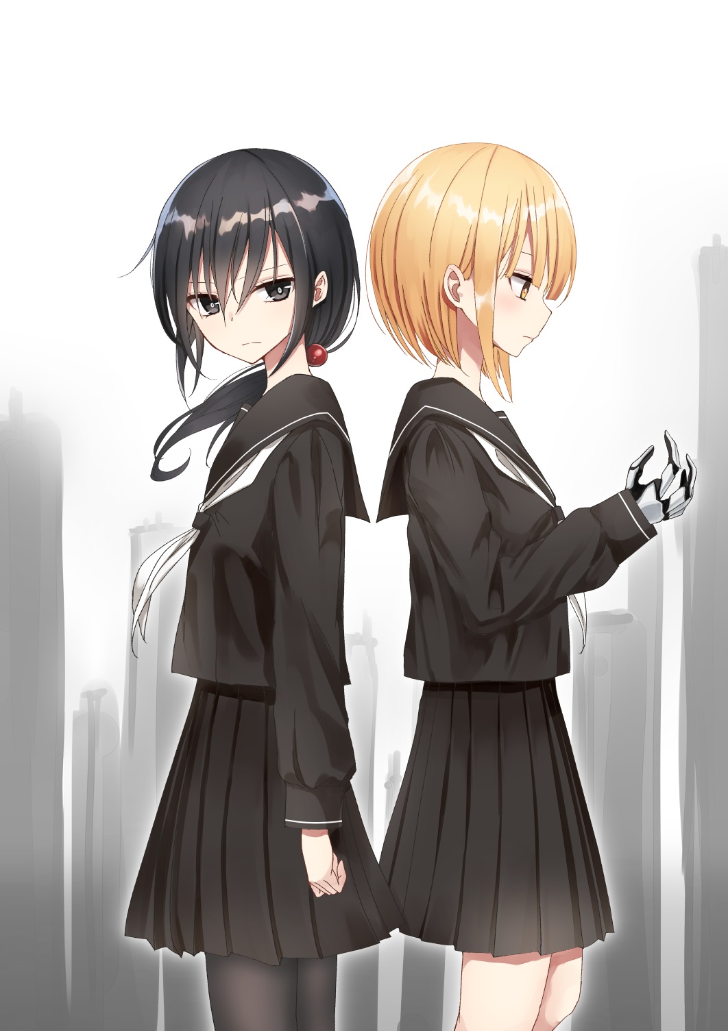 2girls, back-to-back, black_eyes, black_hair, black_legwear, black_serafuku, black_skirt, blonde_hair