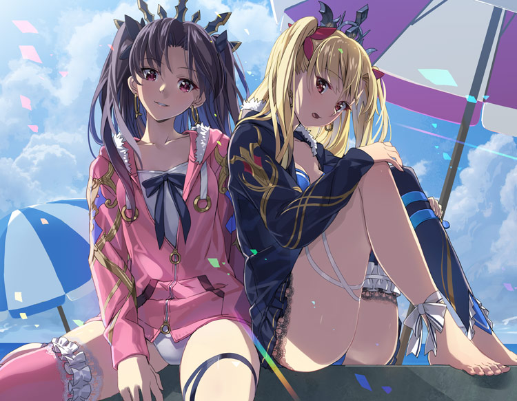 2girls, ankle_ribbon, bangs, beach_umbrella, black_hair, black_ribbon, blonde_hair, blue_jacket