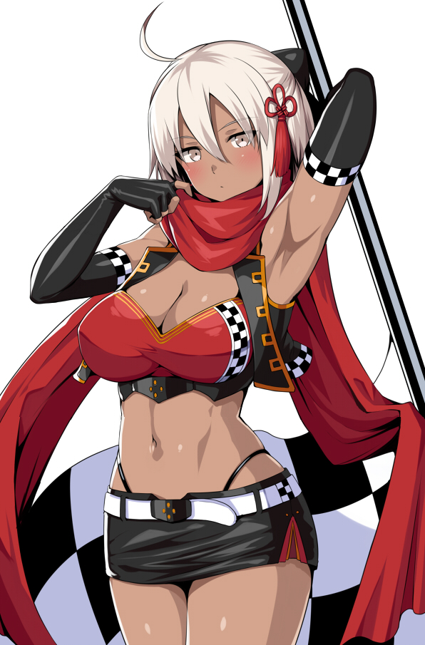 1girl, ahoge, arm_up, armpits, bangs, belt, black_bow, black_gloves, black_skirt, blush, bow, breasts, checkered, checkered_flag, cleavage, commentary_request, crop_top, dark_skin, elbow_gloves, fate/grand_order, fate_(series), flag, flower_knot, gloves, gold_trim, hair_between_eyes, hair_bow, hair_ornament, hips, horosuke_(toot08), koha-ace, large_breasts, legs_together, looking_at_viewer, microskirt, midriff, navel, okita_souji_(alter)_(fate), okita_souji_(fate)_(all), pencil_skirt, racequeen, red_scarf, scarf, short_hair, side_slit, simple_background, skirt, solo, tassel, thighs, tied_hair, vest, waist, white_background, white_eyes, white_hair