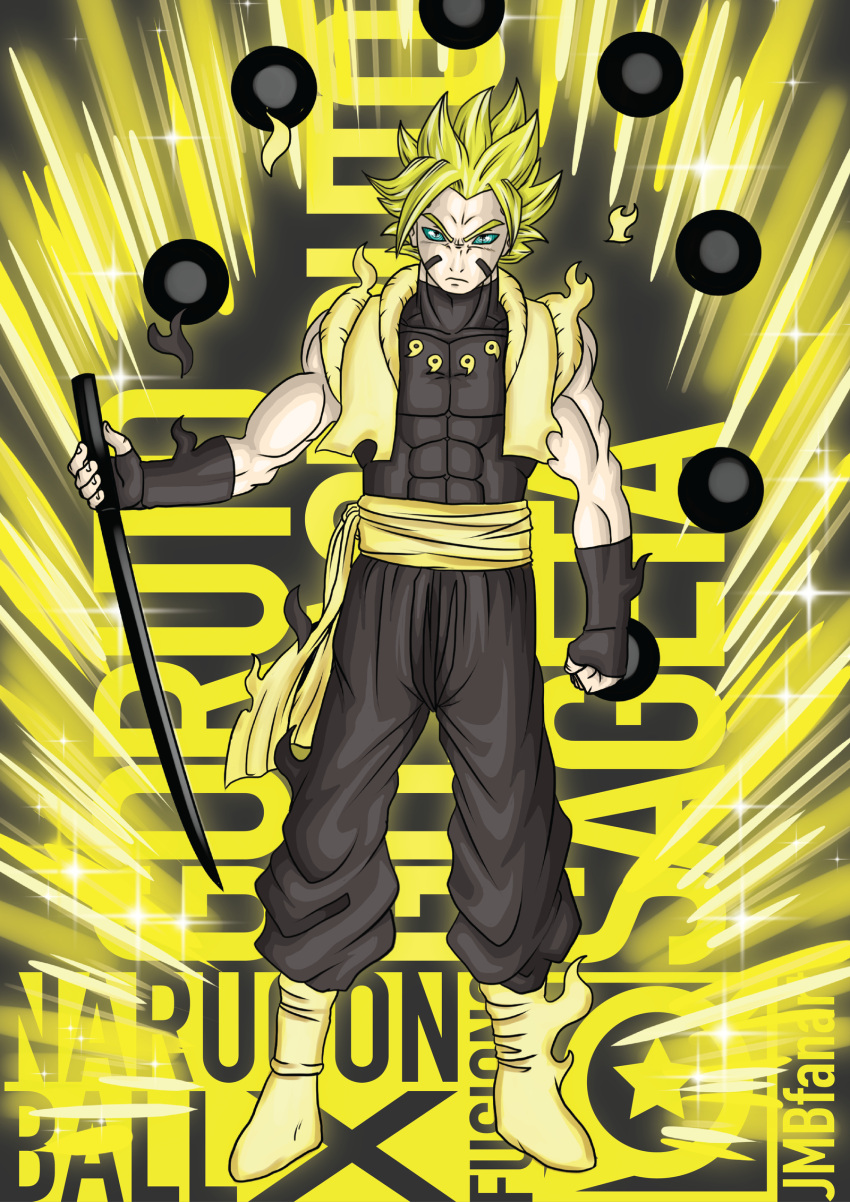3boys, abs, alternate_form, armband, aura, blonde_hair, boots, bracelet, clenched_hands, commentary, crossover, dougi, dragon_ball, dragonball_z, earrings, electricity, english_commentary, facial_mark, fingerless_gloves, full_body, fusion, gloves, glowing, gogeta, green_eyes, highres, jewelry, jmbfanart, katana, male_focus, multiple_boys, muscle, naruto, naruto_(series), naruto_shippuuden, ninja, potara_earrings, power, rinnegan, saiyan, serious, spiky_hair, super_saiyan, sword, uchiha_sasuke, uzumaki_naruto, vest, weapon, whisker_markings