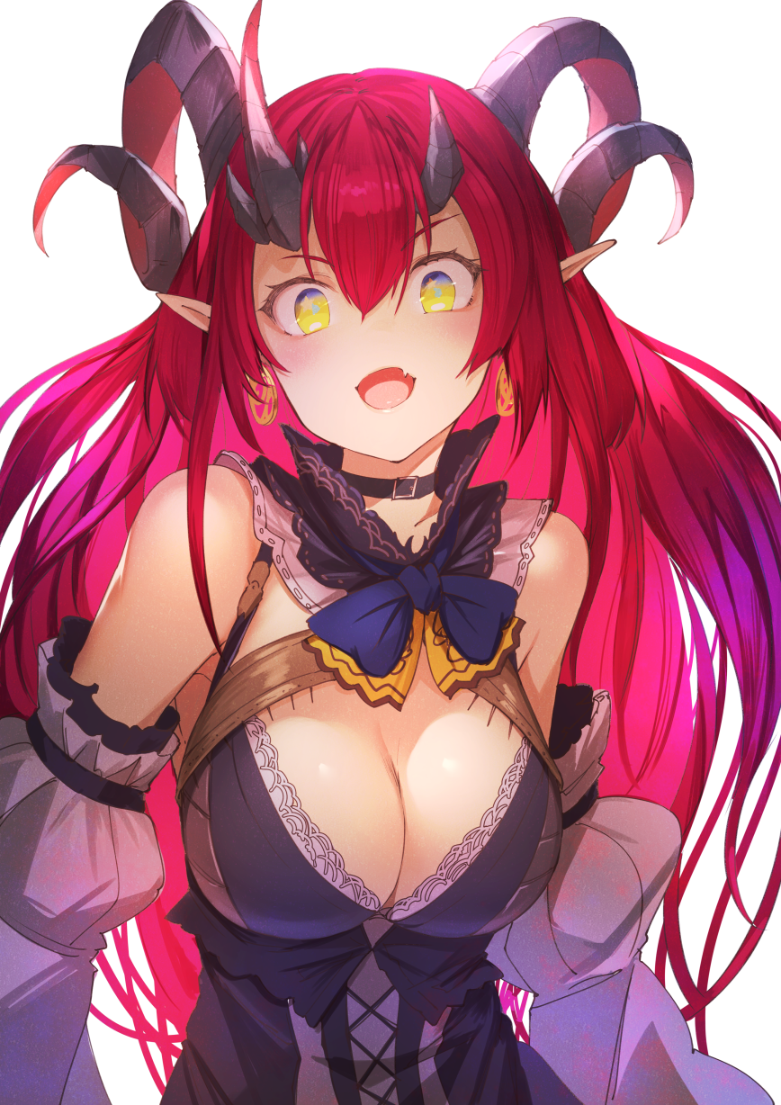 1girl, bangs, bare_shoulders, black_choker, blue_neckwear, blush, breasts, choker
