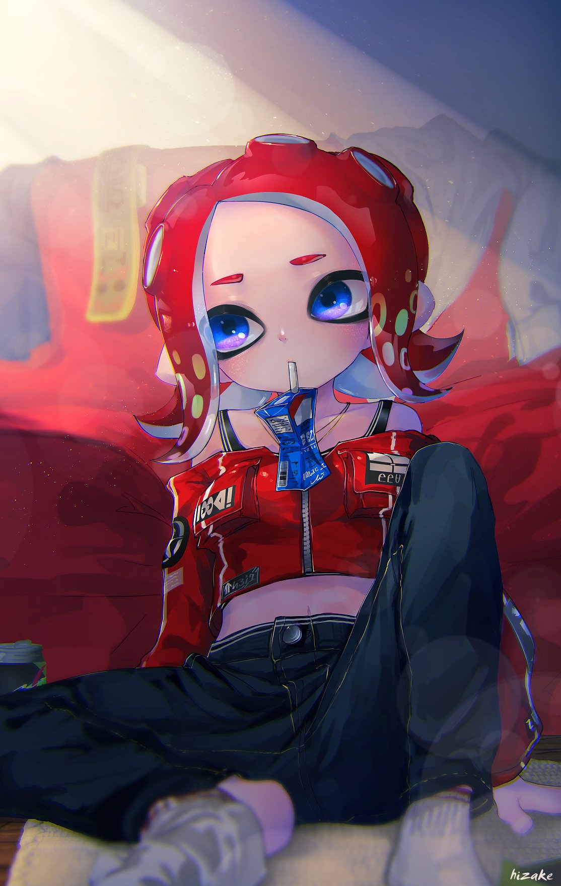 1girl, agent_8, arm_support, bare_shoulders, black_pants, black_tank_top, blue_eyes, blurry