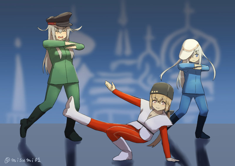 3girls, alternate_costume, blue_eyes, boots, breasts, brown_hair, cleavage, commentary