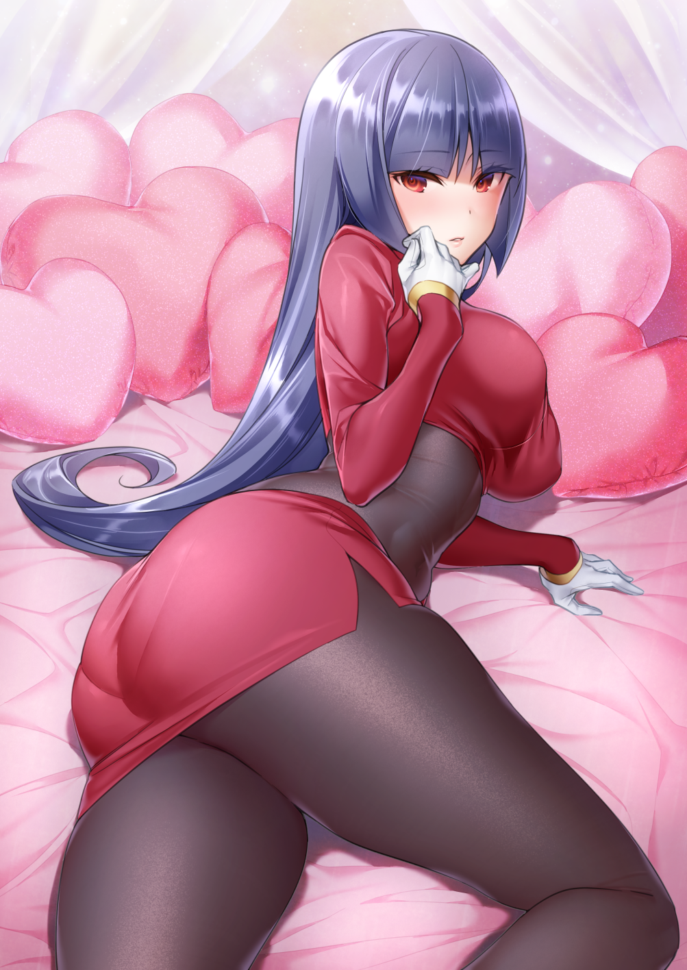 1girl, arm_support, ass, bangs, bed, bed_sheet, bedroom, black_bodysuit, blunt_bangs, blush, bodysuit, bodysuit_under_clothes, breasts, cowboy_shot, crop_top, cropped_jacket, curvy, embarrassed, from_above, from_side, gloves, hand_up, heart, heart_pillow, highres, hips, hizuki_akira, huge_ass, indoors, jacket, large_breasts, laying, lips, long_hair, long_sleeves, looking_at_viewer, lying, messy, miniskirt, natsume_(pokemon), on_bed, on_side, pantylines, parted_bangs, parted_lips, pillow, pink_pillow, pokemon, pokemon_(game), pokemon_frlg, purple_hair, purple_jacket, purple_skirt, red_eyes, red_pillow, sabrina, side_slit, skin_tight, skirt, solo, spread_legs, straight_hair, thick_thighs, thighs, transparent, valentine, very_long_hair, white_gloves, wide_hips