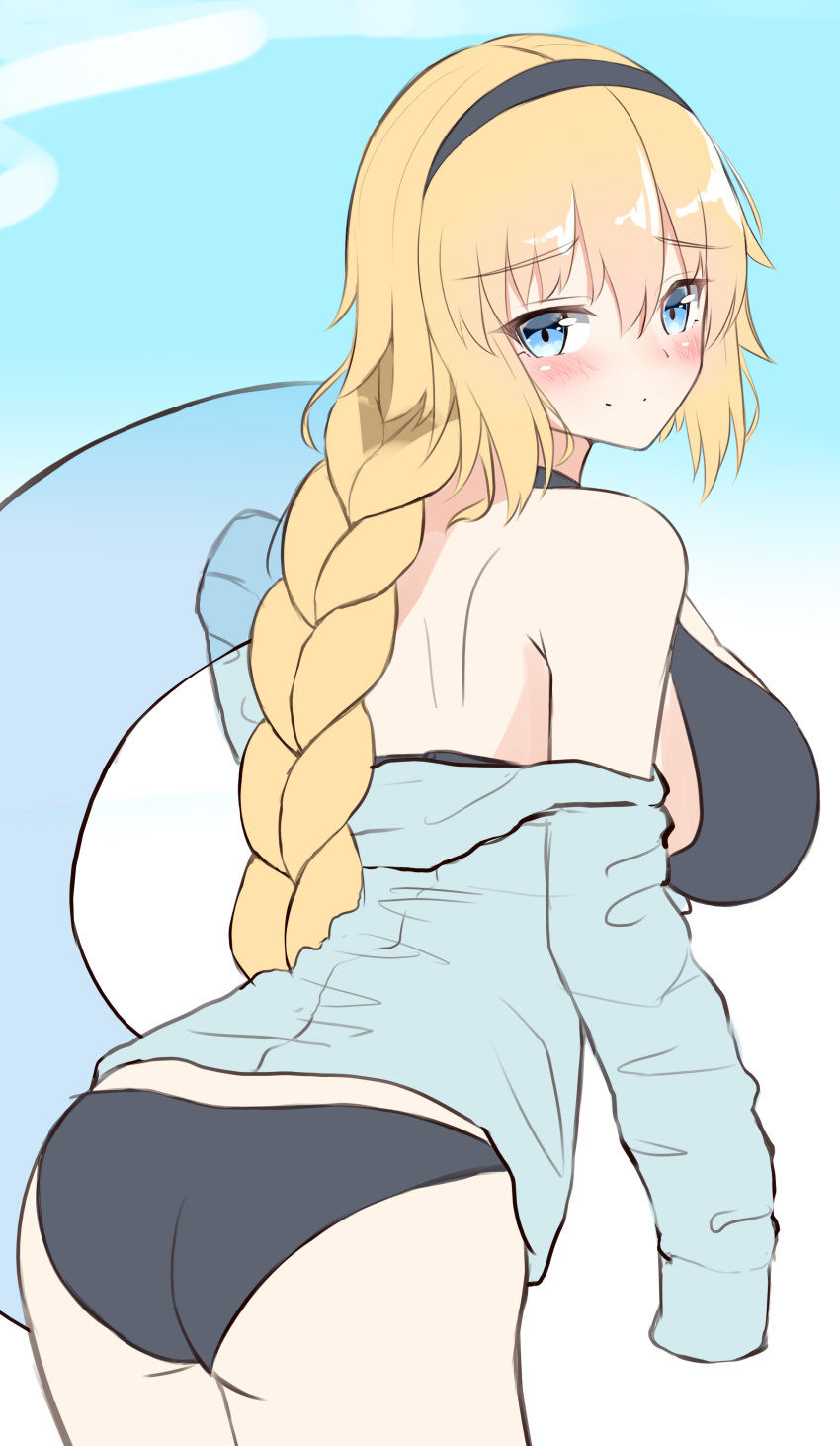 1girl, absurdres, ass, bikini, black_bikini, black_hairband, blonde_hair, blue_eyes