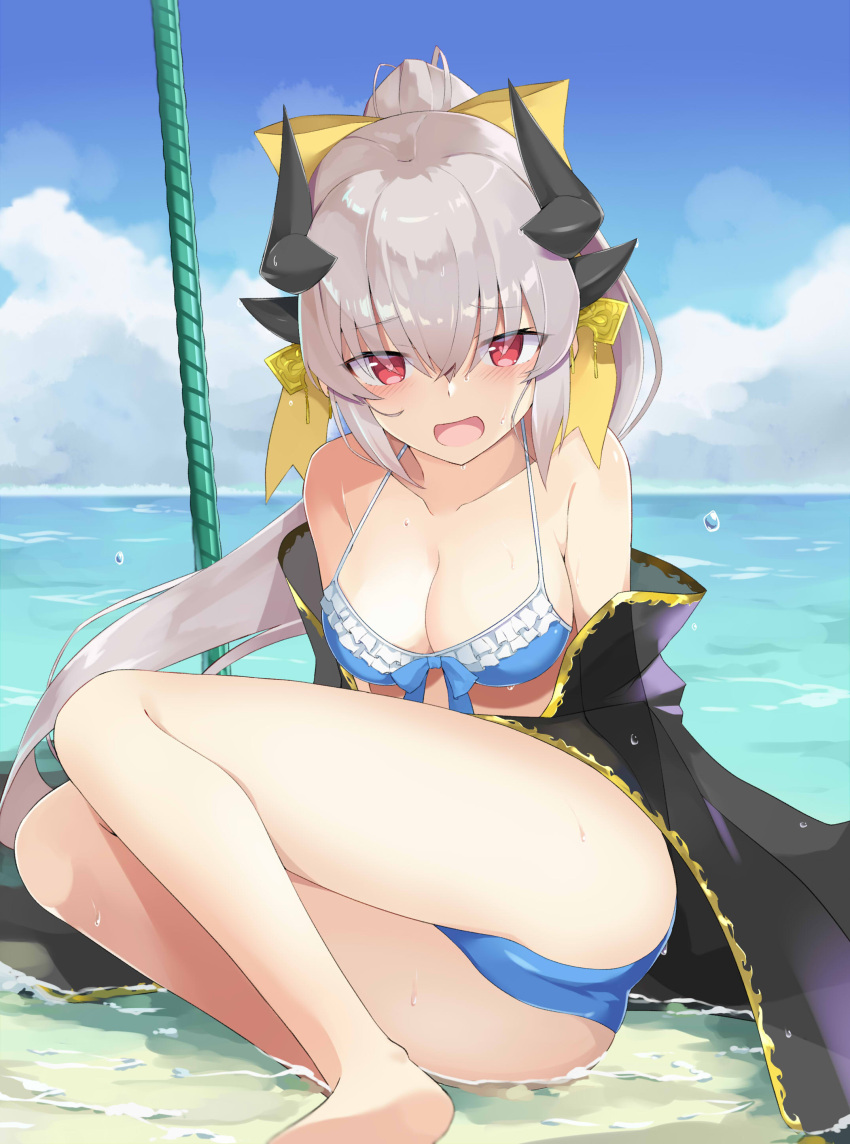100, 1girl, absurdres, ass, beach, bikini, blue_bikini, bow