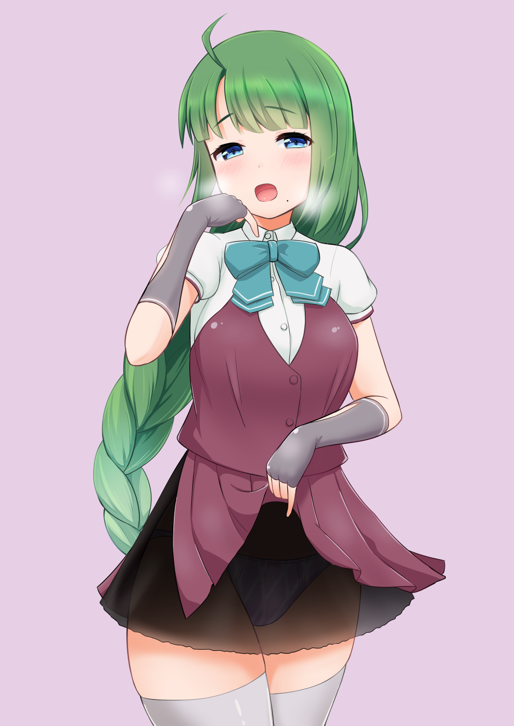 1girl, battlegaregga, black_gloves, blue_eyes, blush, bow, breasts, elbow_gloves