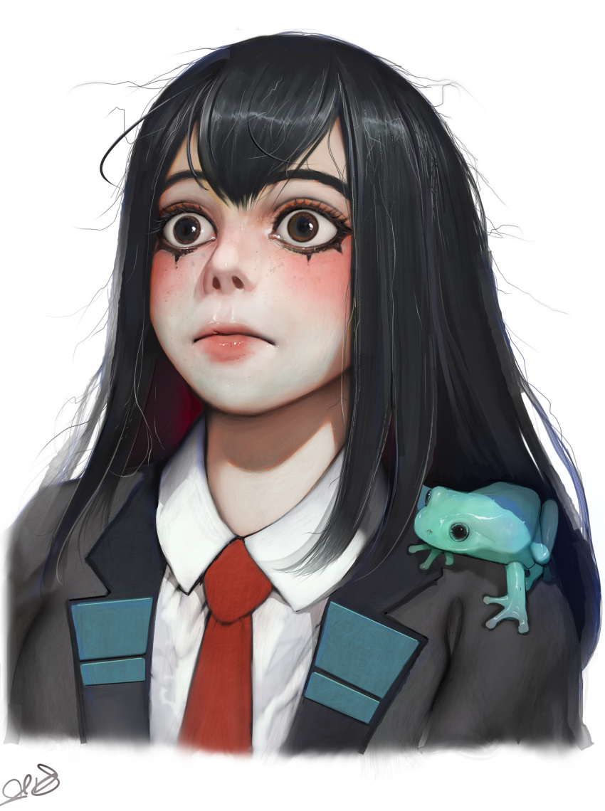 1girl, asui_tsuyu, bangs, black_hair, boku_no_hero_academia, brown_eyes, closed_mouth, collared_shirt, dress_shirt, eyebrows, eyeliner, highres, lips, long_hair, makeup, mascara, messy_hair, necktie, nose, parted_bangs, randy_(awesomevillage), red_neckwear, school_uniform, shiny, shiny_hair, shirt, simple_background, solo, source_request, upper_body, white_background, white_shirt, wide-eyed, wing_collar