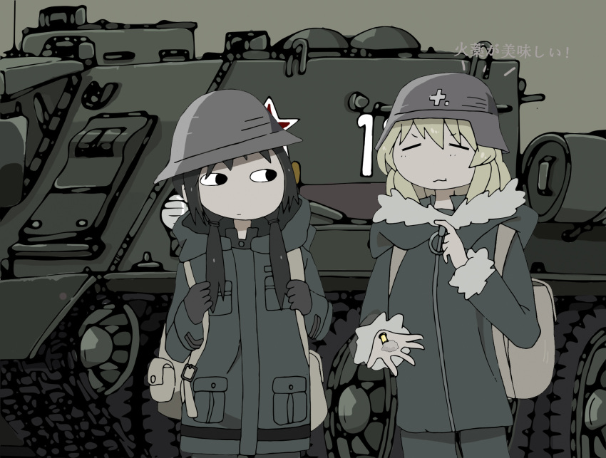 2girls, artist_request, black_eyes, black_hair, blonde_hair, caterpillar_tracks, chito_(shoujo_shuumatsu_ryokou), green_background