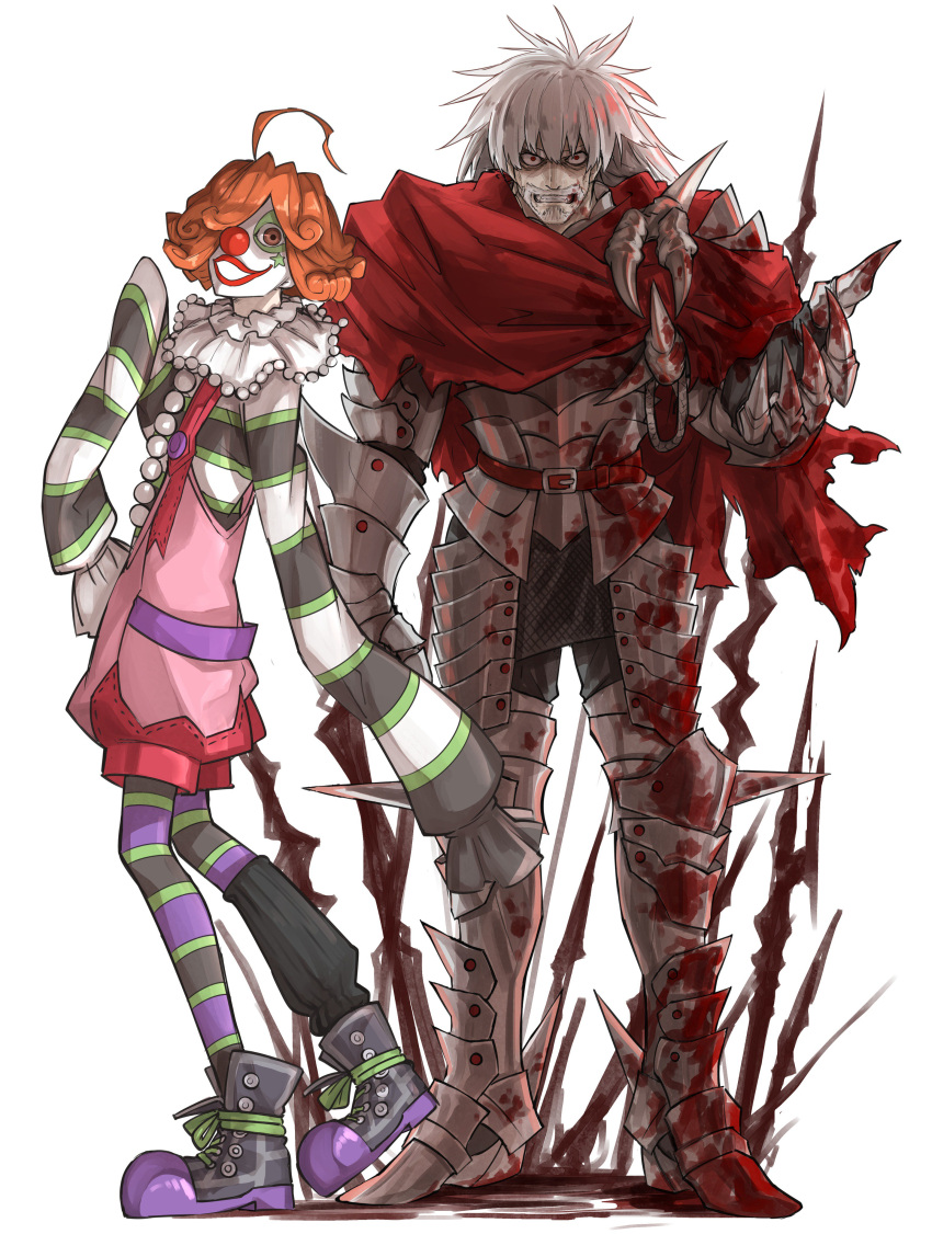 1boy, 1girl, absurdres, ahoge, armor, beard, blood, bloody_clothes