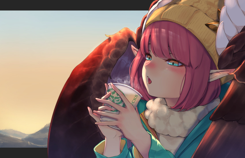 1girl, aqua_eyes, bangs, beanie, blowing, blue_sky, blush, bob_cut