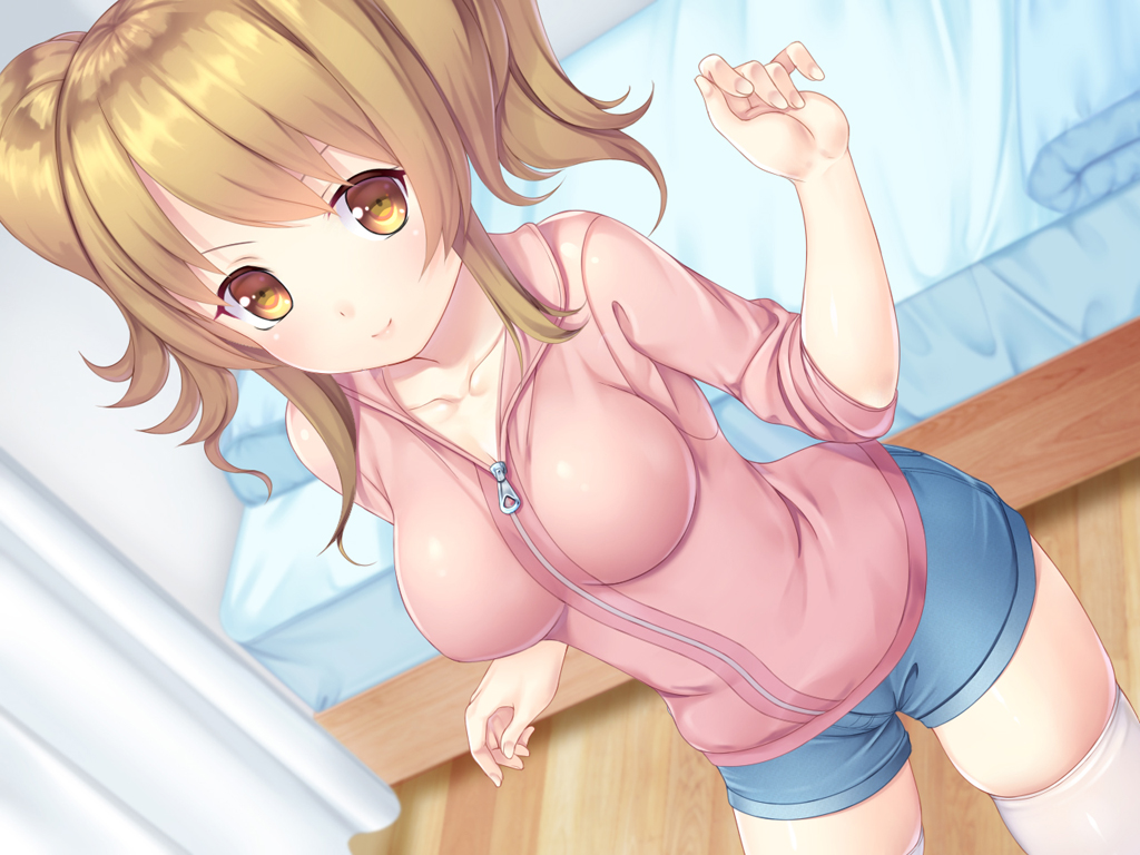 1girl, amasa-hikae, bed, blush, breasts, brown_eyes, brown_hair, hood