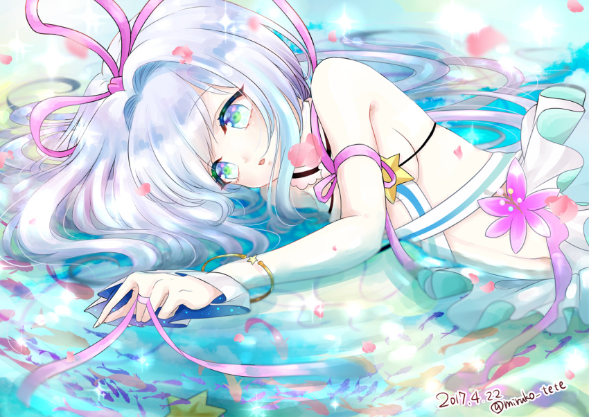 1girl, :o, bangs, blue_eyes, bracelet, breasts, fish, flower