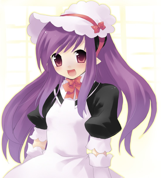 bonnet, elf, long_hair, maid, milreaf, pink_eyes, pointy_ears, pomnit