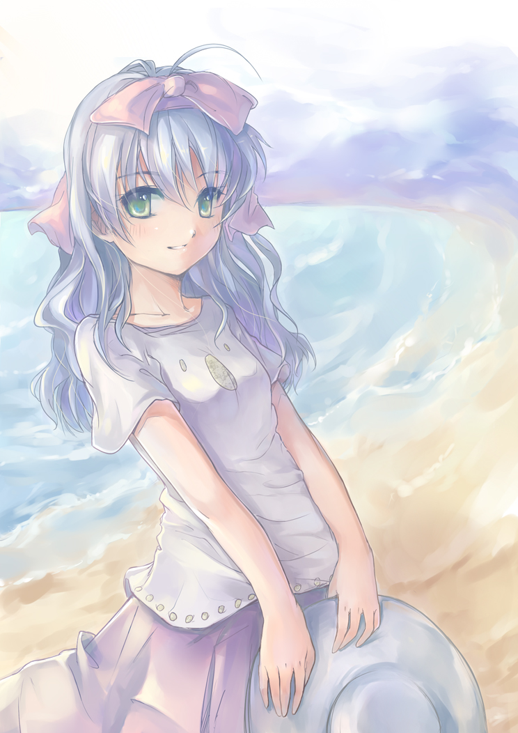 bla_(artist), blue_hair, green_eyes, hair_ribbon, hair_ribbons, ocean, original, ribbon, ribbons, sea