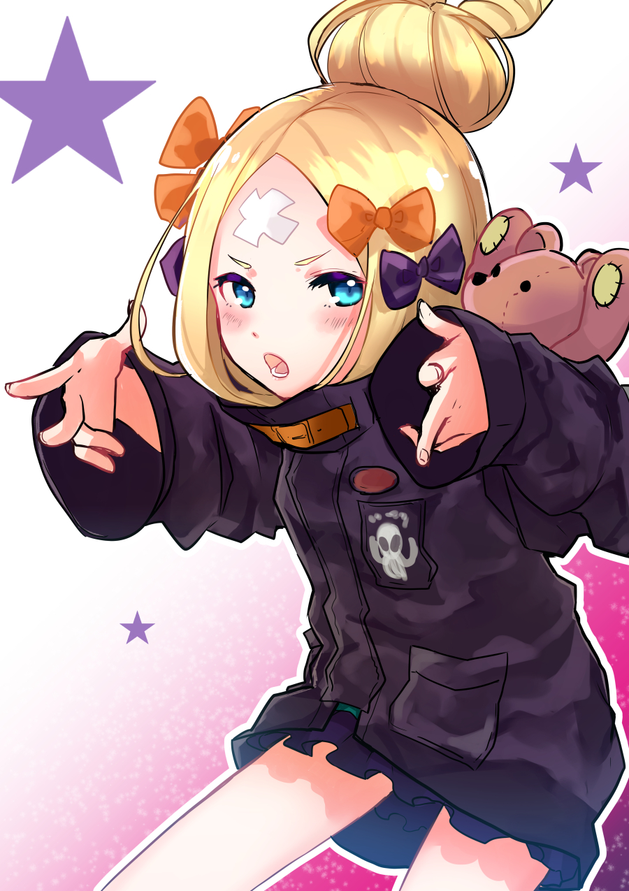1girl, abigail_williams_(fate/grand_order), bangs, black_bow, black_jacket, blonde_hair, blue_eyes, blush