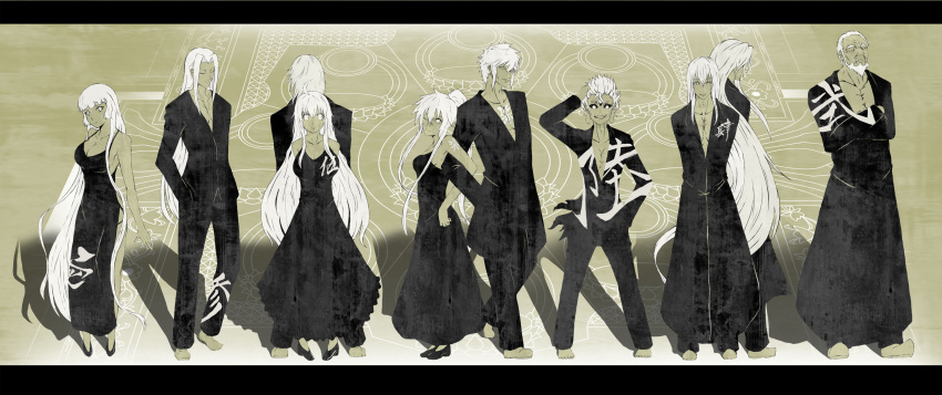 3girls, 6+boys, absurdres, barefoot, beard, black_sclera, character_request, closed_eyes