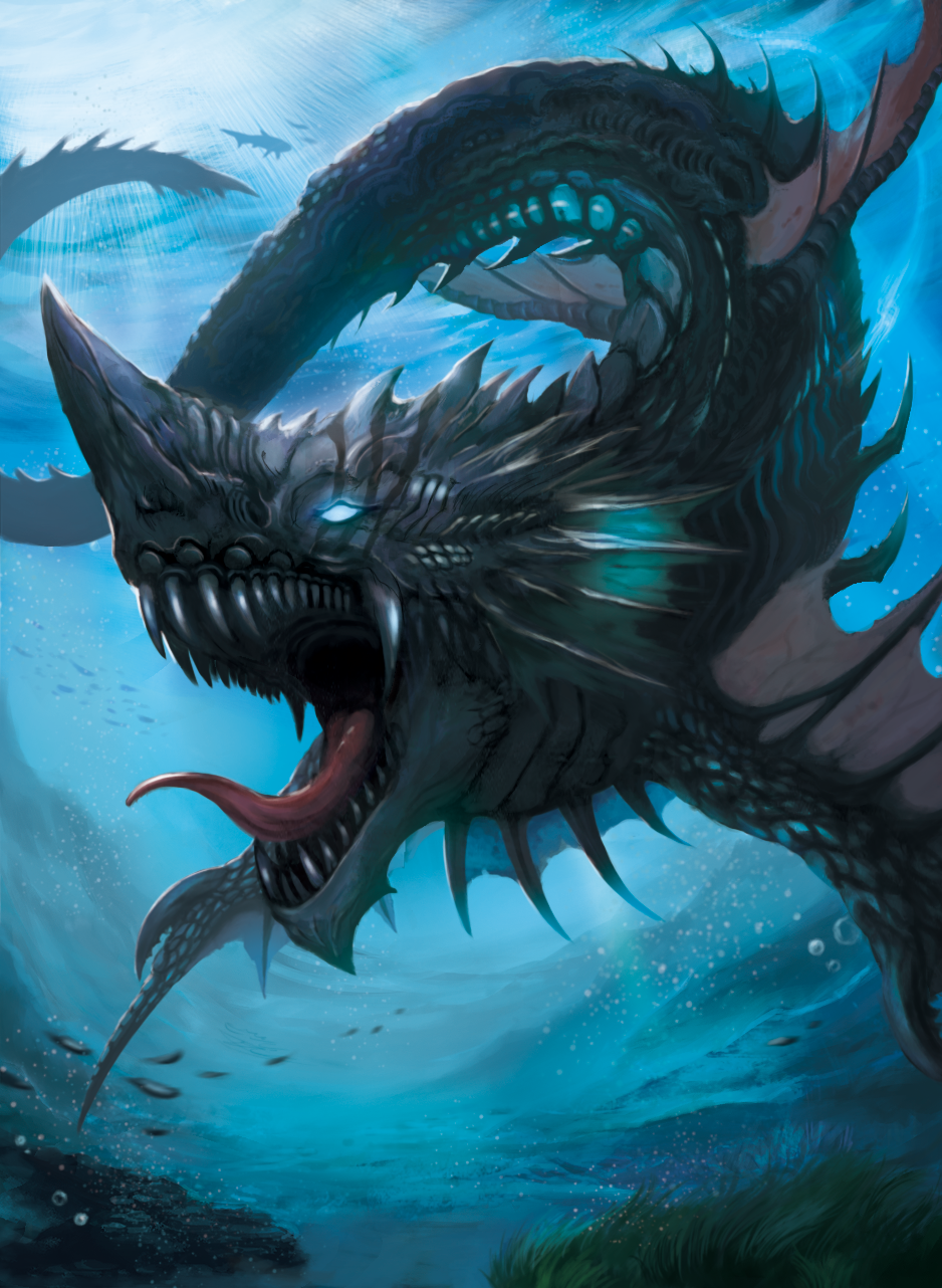 air_bubble, blue_eyes, bubble, fish, glowing, glowing_eyes, highres, monster, no_humans, nova_(tcg), official_art, open_mouth, sunlight, tongue, tongue_out, u9_(paraspriteplus), underwater