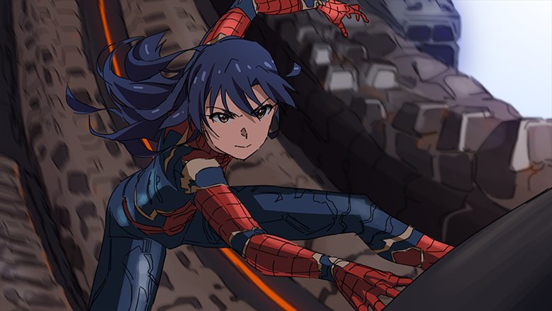 1girl, avengers:_infinity_war, bin1production, blue_hair, bodysuit, brown_eyes, closed_mouth, cosplay