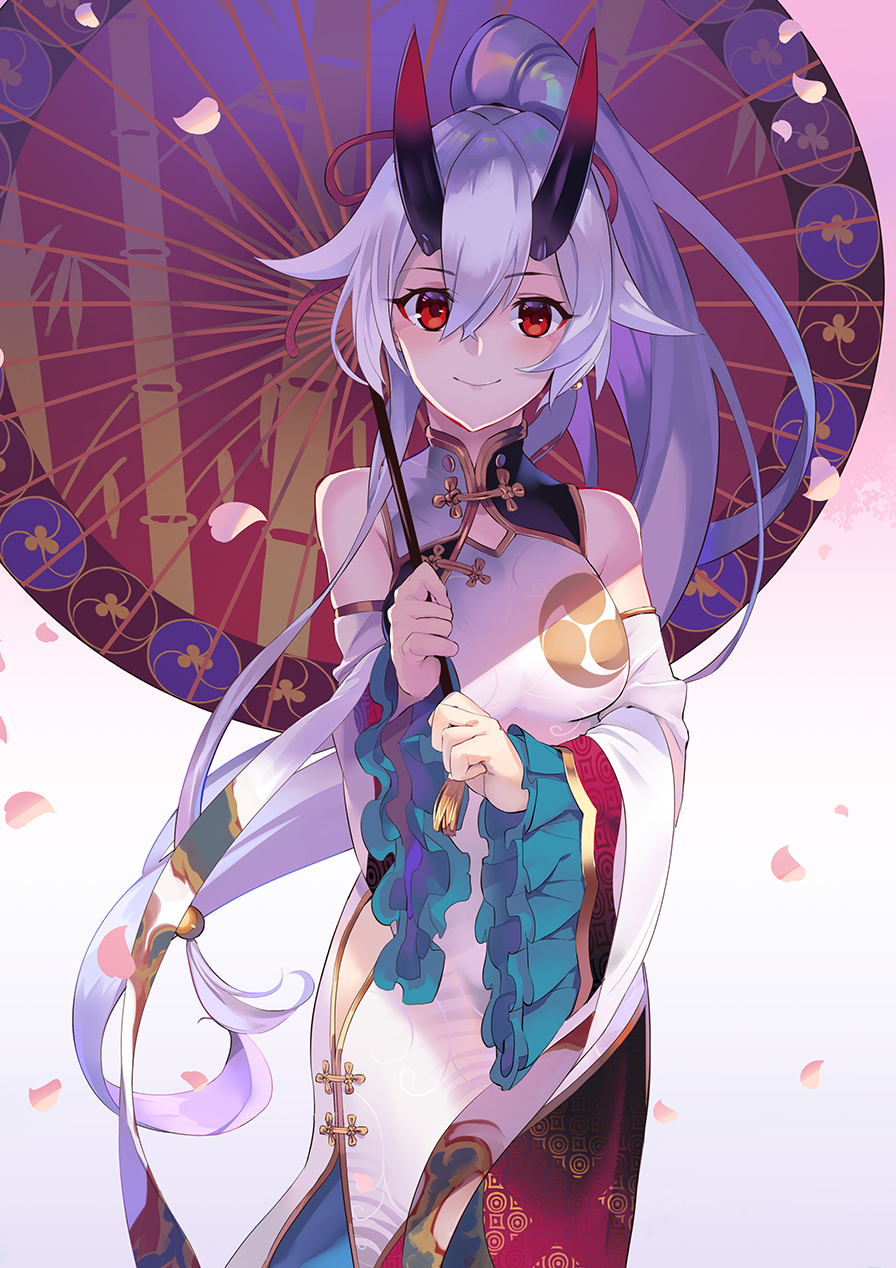 1girl, bangs, bare_shoulders, breasts, china_dress, chinese_clothes, detached_sleeves, dress