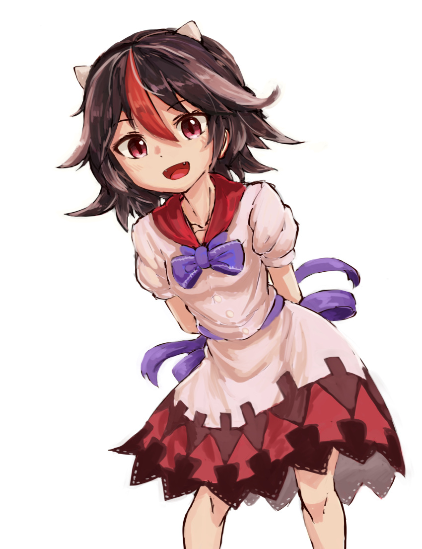 1girl, :d, absurdres, arms_behind_back, bangs, black_hair, bow, bowtie, buttons, collarbone, dress, eyebrows_visible_through_hair, fangs, gradient, gradient_background, grey_hair, hair_between_eyes, highres, horns, kijin_seija, legs_apart, looking_at_viewer, multicolored_hair, nob1109, open_mouth, pink_eyes, puffy_short_sleeves, puffy_sleeves, purple_bow, purple_neckwear, redhead, short_hair, short_sleeves, smile, solo, streaked_hair, touhou