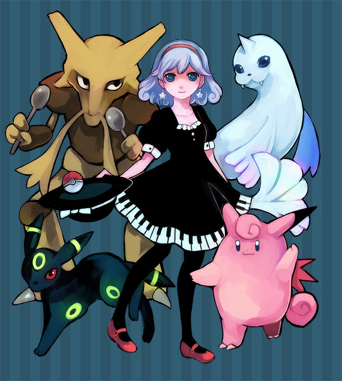 alternate_color, blue_eyes, blue_hair, bow, clefable, dewgong, dress, earrings, fangs, hairband, hat, hat_bow, horn, jewelry, neon_trim, nintendo, pantyhose, piano_print, pixiv, pixiv_trainer, poke_ball, pokemon, revery_(artist), spoon, tail, umbreon, wings, yuzawa_risato