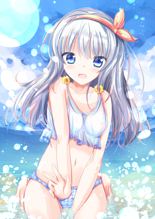 1girl, :d, bangs, bare_legs, bare_shoulders, barefoot, bikini_bottom, blue_bikini_bottom